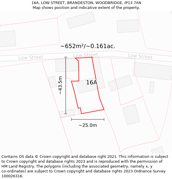 16A, LOW STREET, BRANDESTON, WOODBRIDGE, IP13 7AN: Plot and title map