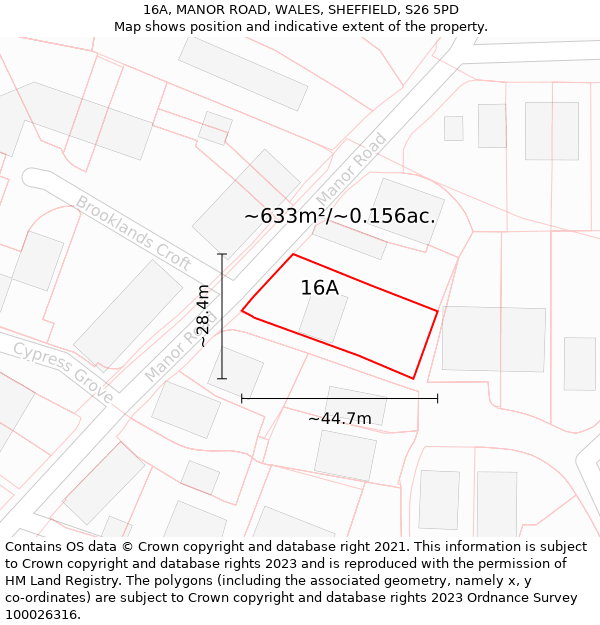 16A, MANOR ROAD, WALES, SHEFFIELD, S26 5PD: Plot and title map