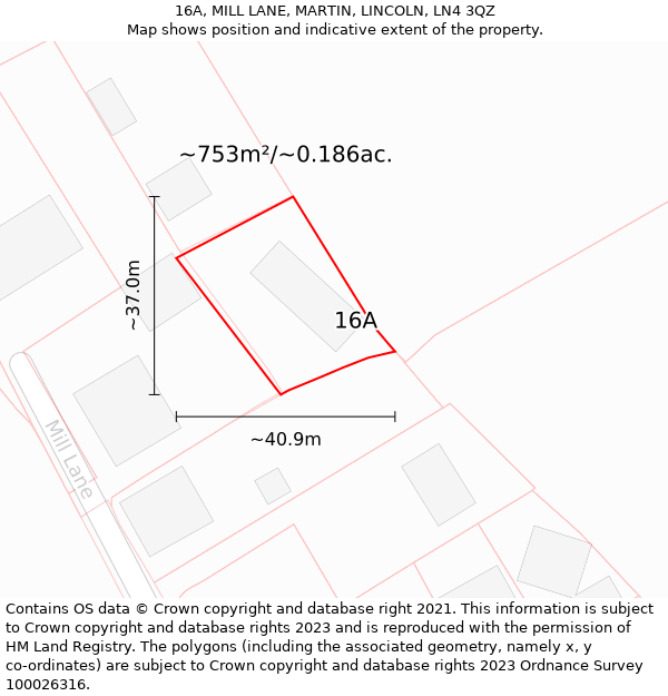 16A, MILL LANE, MARTIN, LINCOLN, LN4 3QZ: Plot and title map