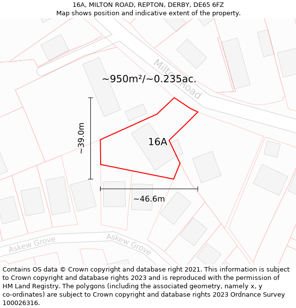 16A, MILTON ROAD, REPTON, DERBY, DE65 6FZ: Plot and title map