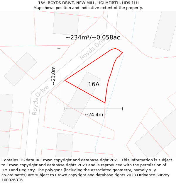 16A, ROYDS DRIVE, NEW MILL, HOLMFIRTH, HD9 1LH: Plot and title map