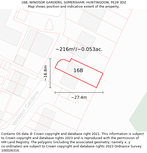 16B, WINDSOR GARDENS, SOMERSHAM, HUNTINGDON, PE28 3DZ: Plot and title map