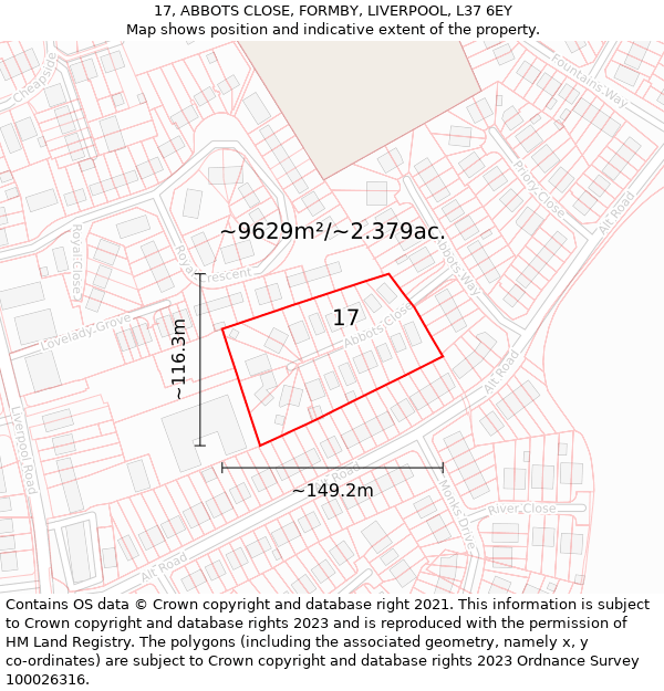 17, ABBOTS CLOSE, FORMBY, LIVERPOOL, L37 6EY: Plot and title map