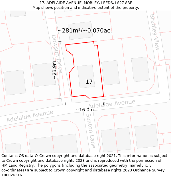 17, ADELAIDE AVENUE, MORLEY, LEEDS, LS27 8RF: Plot and title map