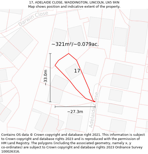 17, ADELAIDE CLOSE, WADDINGTON, LINCOLN, LN5 9XN: Plot and title map
