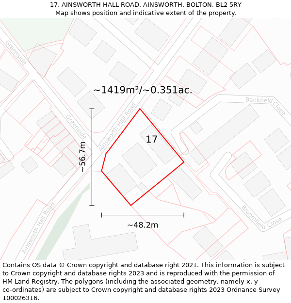 17, AINSWORTH HALL ROAD, AINSWORTH, BOLTON, BL2 5RY: Plot and title map