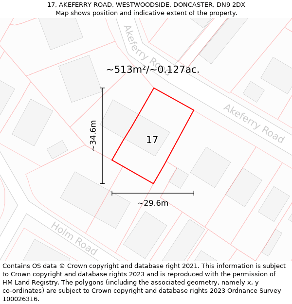 17, AKEFERRY ROAD, WESTWOODSIDE, DONCASTER, DN9 2DX: Plot and title map