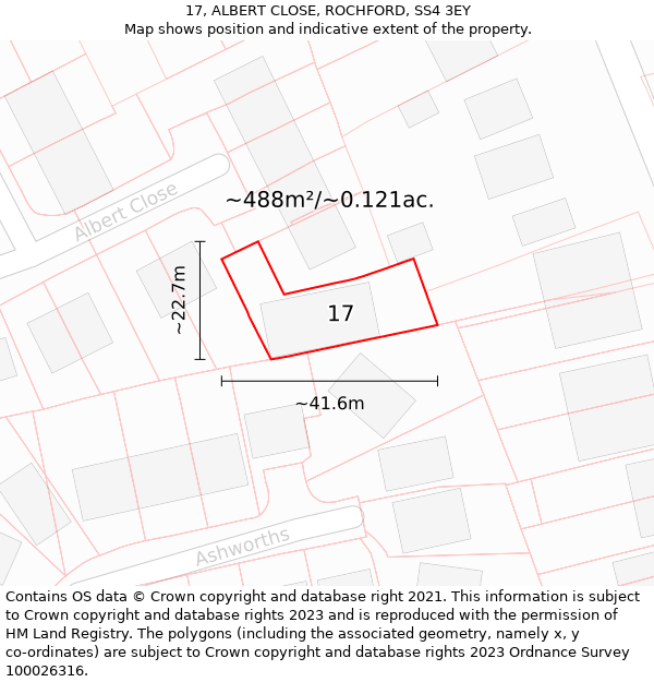 17, ALBERT CLOSE, ROCHFORD, SS4 3EY: Plot and title map