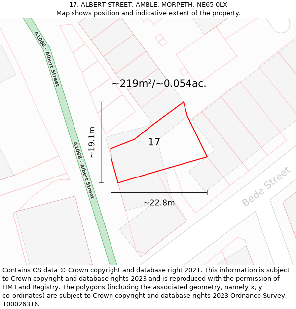 17, ALBERT STREET, AMBLE, MORPETH, NE65 0LX: Plot and title map