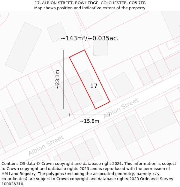 17, ALBION STREET, ROWHEDGE, COLCHESTER, CO5 7ER: Plot and title map