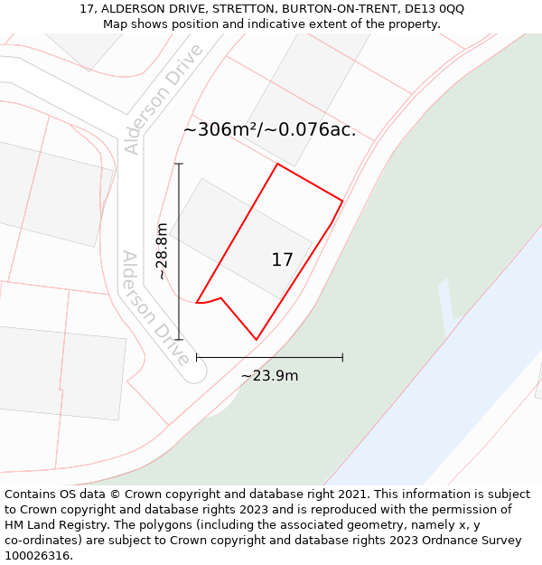 17, ALDERSON DRIVE, STRETTON, BURTON-ON-TRENT, DE13 0QQ: Plot and title map