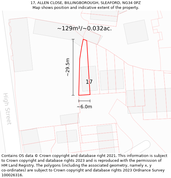 17, ALLEN CLOSE, BILLINGBOROUGH, SLEAFORD, NG34 0PZ: Plot and title map