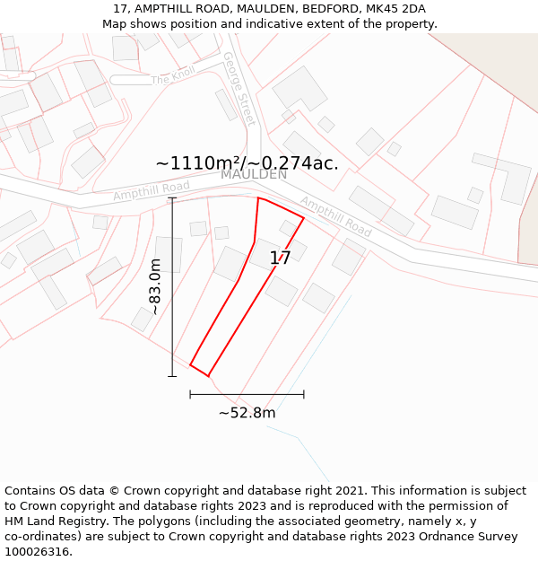 17, AMPTHILL ROAD, MAULDEN, BEDFORD, MK45 2DA: Plot and title map