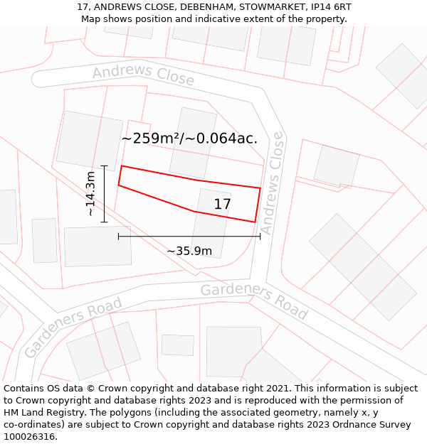 17, ANDREWS CLOSE, DEBENHAM, STOWMARKET, IP14 6RT: Plot and title map