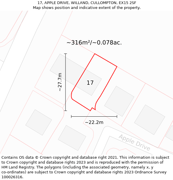 17, APPLE DRIVE, WILLAND, CULLOMPTON, EX15 2SF: Plot and title map