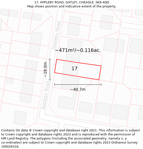 17, APPLEBY ROAD, GATLEY, CHEADLE, SK8 4QD: Plot and title map