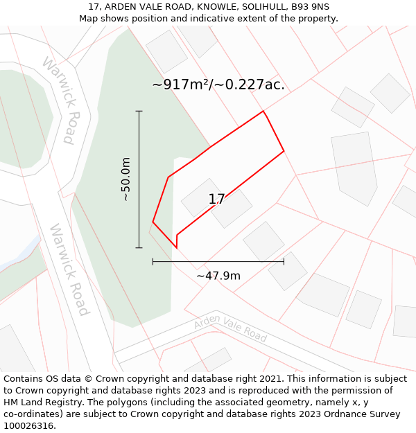 17, ARDEN VALE ROAD, KNOWLE, SOLIHULL, B93 9NS: Plot and title map