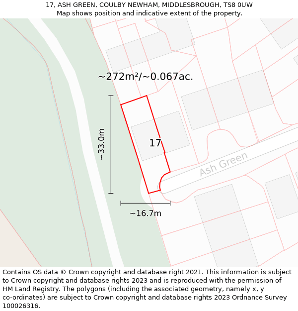 17, ASH GREEN, COULBY NEWHAM, MIDDLESBROUGH, TS8 0UW: Plot and title map