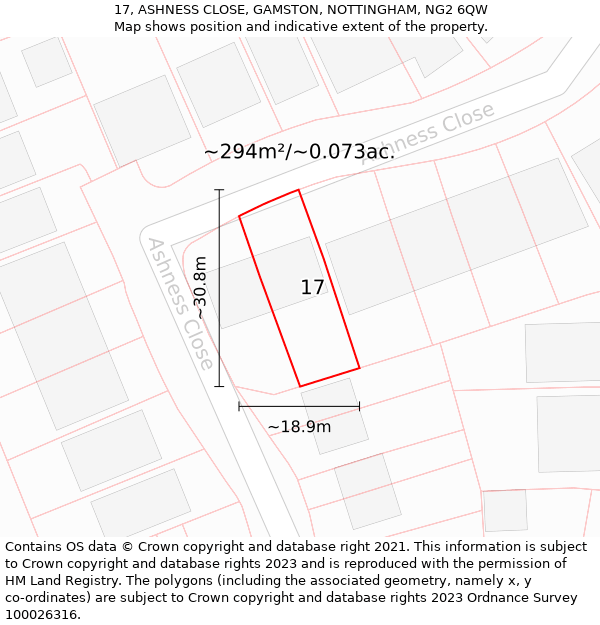 17, ASHNESS CLOSE, GAMSTON, NOTTINGHAM, NG2 6QW: Plot and title map