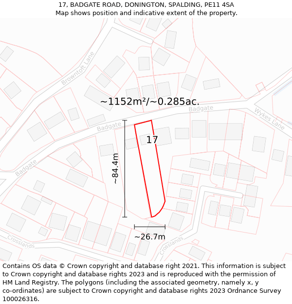 17, BADGATE ROAD, DONINGTON, SPALDING, PE11 4SA: Plot and title map