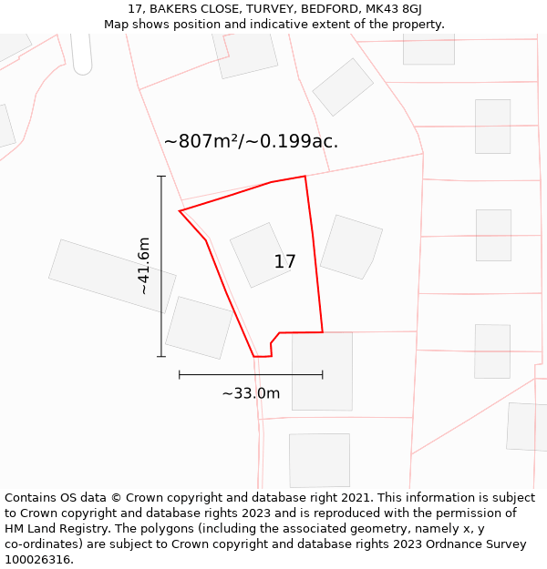 17, BAKERS CLOSE, TURVEY, BEDFORD, MK43 8GJ: Plot and title map