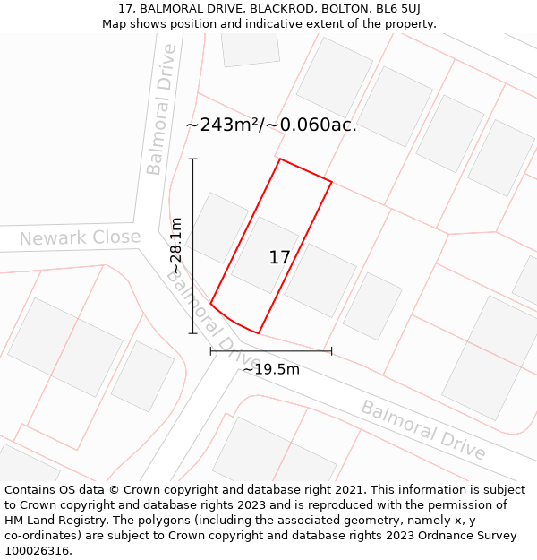 17, BALMORAL DRIVE, BLACKROD, BOLTON, BL6 5UJ: Plot and title map