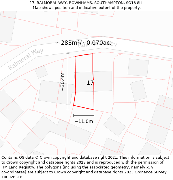 17, BALMORAL WAY, ROWNHAMS, SOUTHAMPTON, SO16 8LL: Plot and title map