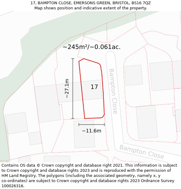 17, BAMPTON CLOSE, EMERSONS GREEN, BRISTOL, BS16 7QZ: Plot and title map