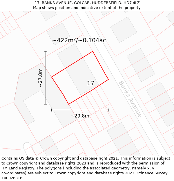 17, BANKS AVENUE, GOLCAR, HUDDERSFIELD, HD7 4LZ: Plot and title map