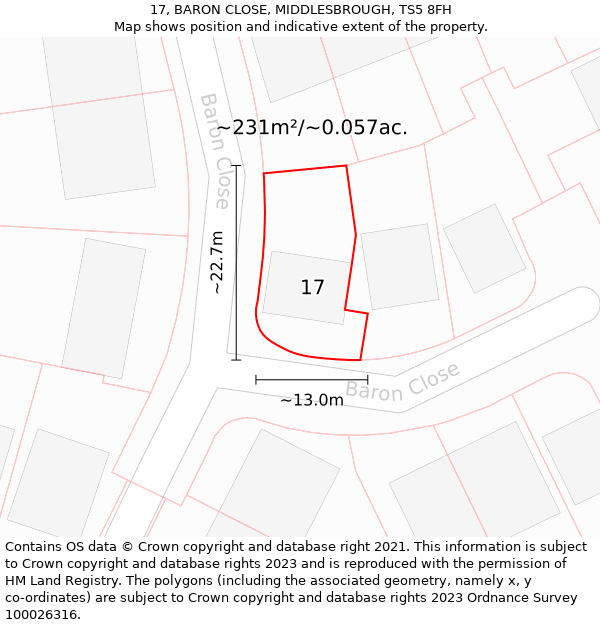 17, BARON CLOSE, MIDDLESBROUGH, TS5 8FH: Plot and title map