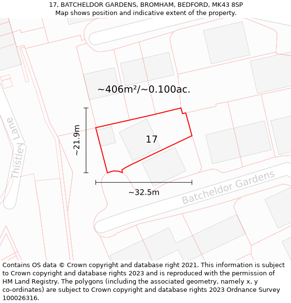 17, BATCHELDOR GARDENS, BROMHAM, BEDFORD, MK43 8SP: Plot and title map