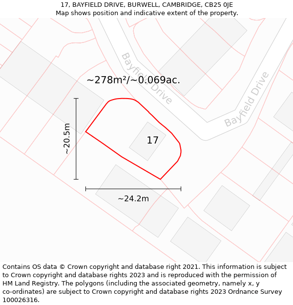 17, BAYFIELD DRIVE, BURWELL, CAMBRIDGE, CB25 0JE: Plot and title map