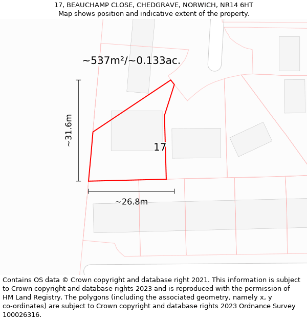 17, BEAUCHAMP CLOSE, CHEDGRAVE, NORWICH, NR14 6HT: Plot and title map