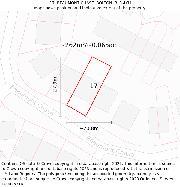 17, BEAUMONT CHASE, BOLTON, BL3 4XH: Plot and title map