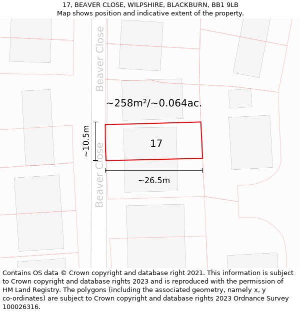 17, BEAVER CLOSE, WILPSHIRE, BLACKBURN, BB1 9LB: Plot and title map