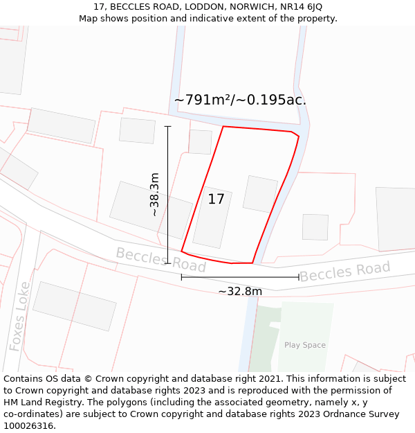 17, BECCLES ROAD, LODDON, NORWICH, NR14 6JQ: Plot and title map