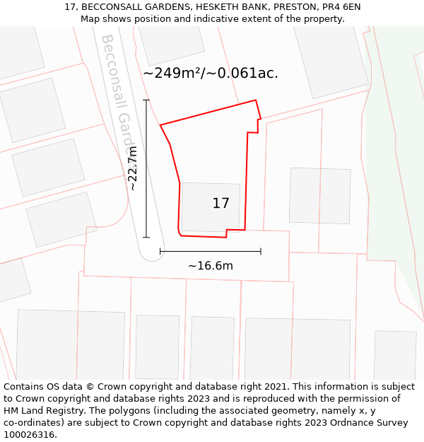 17, BECCONSALL GARDENS, HESKETH BANK, PRESTON, PR4 6EN: Plot and title map