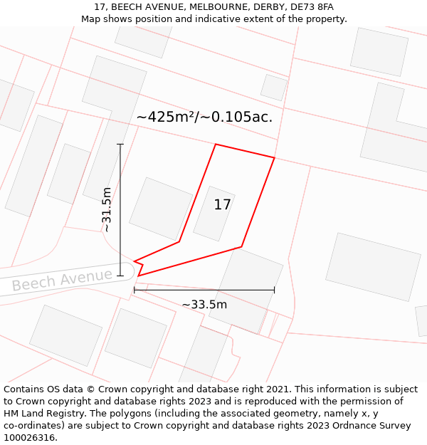 17, BEECH AVENUE, MELBOURNE, DERBY, DE73 8FA: Plot and title map