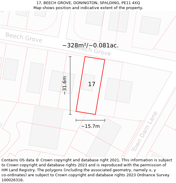 17, BEECH GROVE, DONINGTON, SPALDING, PE11 4XQ: Plot and title map