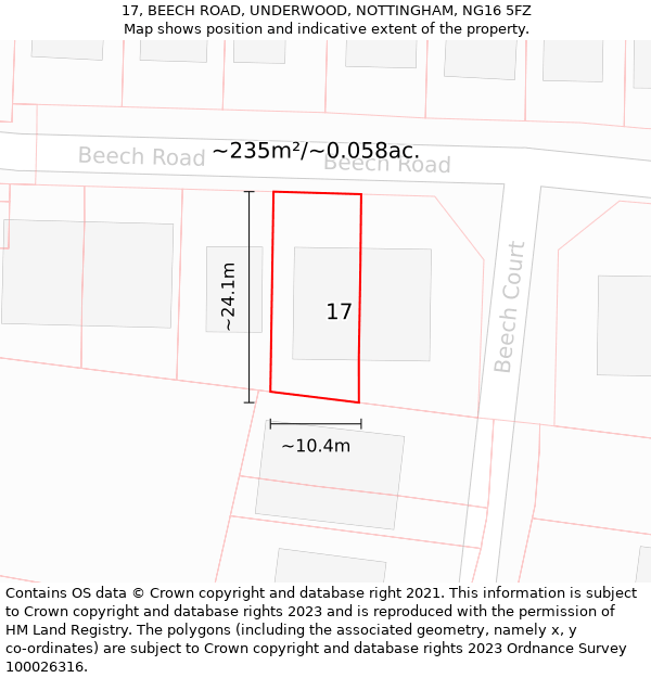 17, BEECH ROAD, UNDERWOOD, NOTTINGHAM, NG16 5FZ: Plot and title map