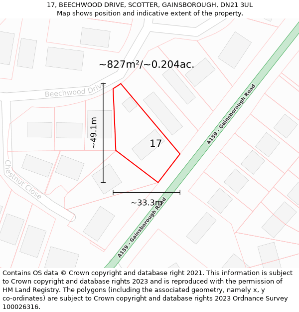 17, BEECHWOOD DRIVE, SCOTTER, GAINSBOROUGH, DN21 3UL: Plot and title map