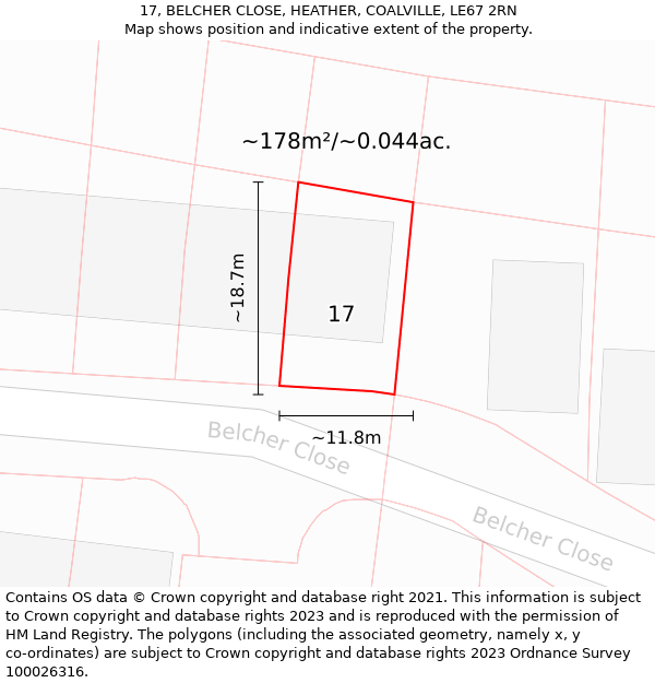 17, BELCHER CLOSE, HEATHER, COALVILLE, LE67 2RN: Plot and title map