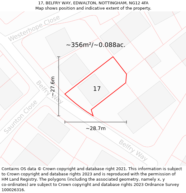 17, BELFRY WAY, EDWALTON, NOTTINGHAM, NG12 4FA: Plot and title map