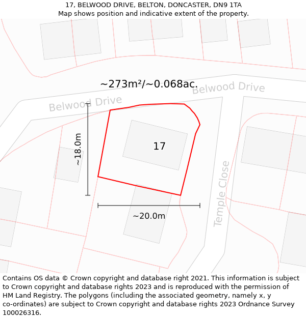 17, BELWOOD DRIVE, BELTON, DONCASTER, DN9 1TA: Plot and title map