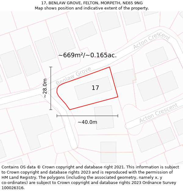 17, BENLAW GROVE, FELTON, MORPETH, NE65 9NG: Plot and title map