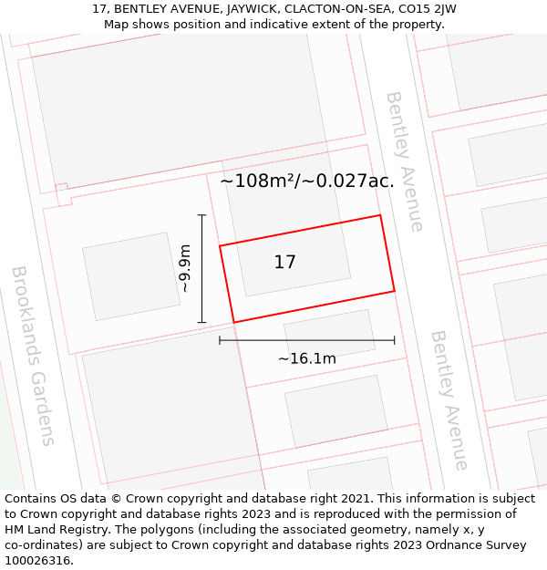 17, BENTLEY AVENUE, JAYWICK, CLACTON-ON-SEA, CO15 2JW: Plot and title map