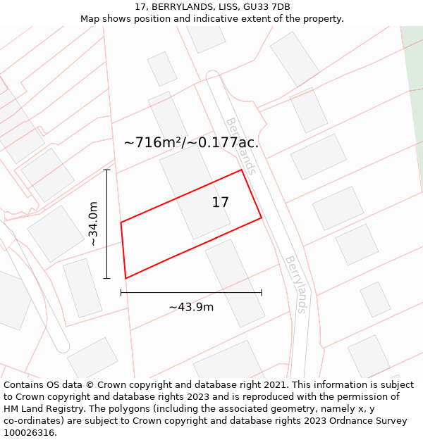 17, BERRYLANDS, LISS, GU33 7DB: Plot and title map