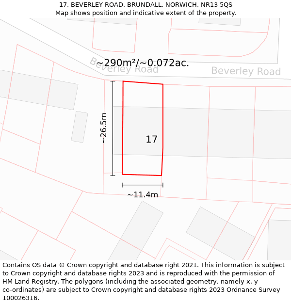 17, BEVERLEY ROAD, BRUNDALL, NORWICH, NR13 5QS: Plot and title map