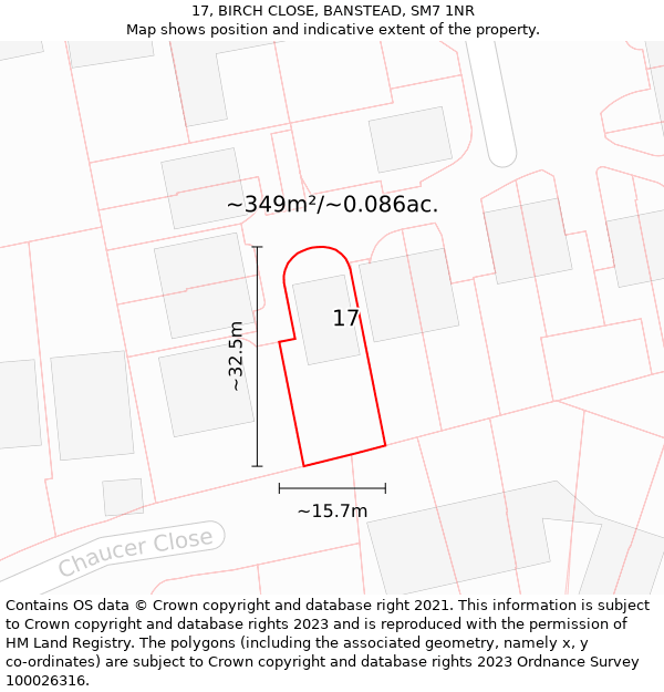 17, BIRCH CLOSE, BANSTEAD, SM7 1NR: Plot and title map