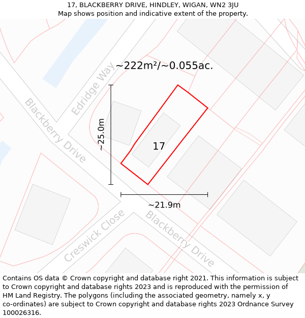 17, BLACKBERRY DRIVE, HINDLEY, WIGAN, WN2 3JU: Plot and title map